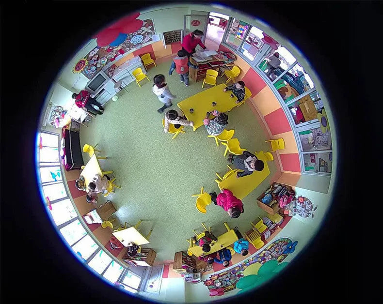 Indoor fisheye network camera with 1.3MP resolution and 1.7mm wide-angle lens in black plastic housing