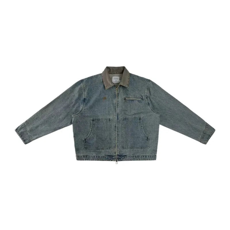 American retro Detroit men's blue cotton blend jacket, no pockets, regular fit, front view