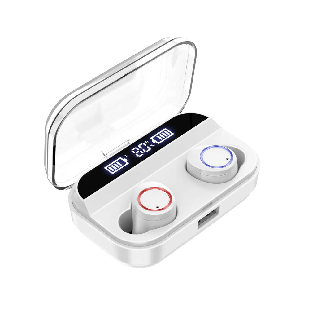 Black X11 Bluetooth wireless earbuds with charging case and six silicone ear tips