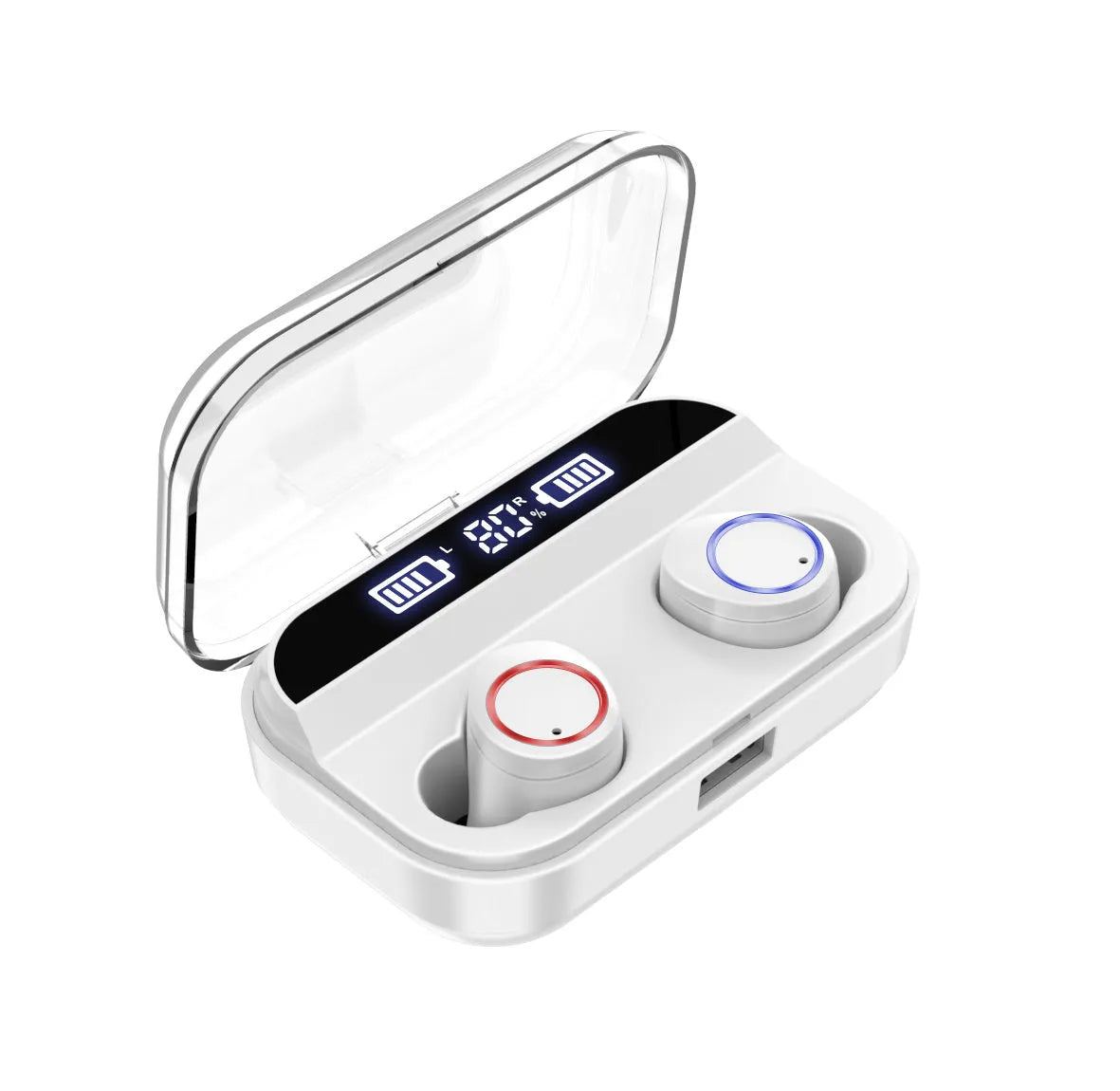 Black X11 Bluetooth wireless earbuds with charging case and six silicone ear tips