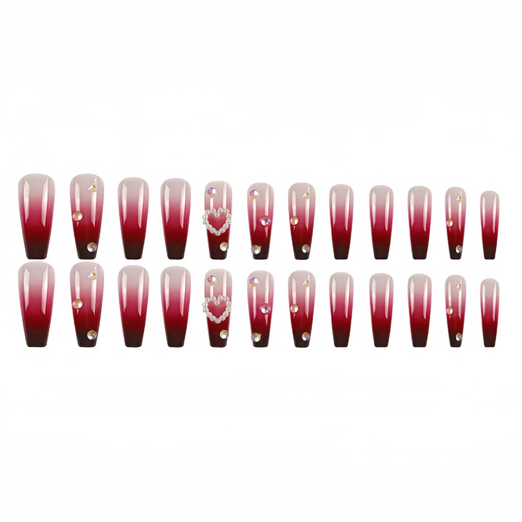 Wine red gradient false nail tips with plaid pattern, jelly glue, and rubbing clause in package