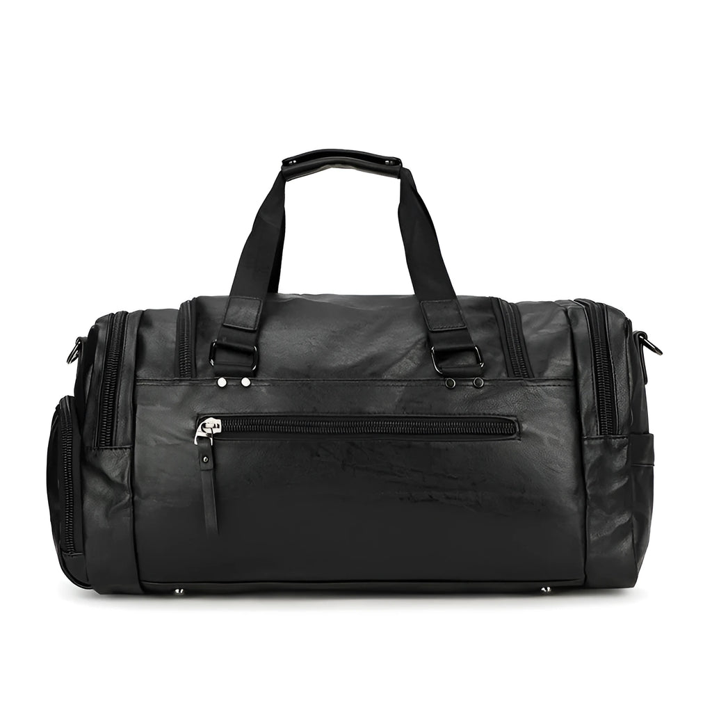 Large black travel bag with separate shoe compartment showing dimensions 52cm by 19cm by 27cm