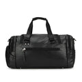 Large black travel bag with separate shoe compartment showing dimensions 52cm by 19cm by 27cm