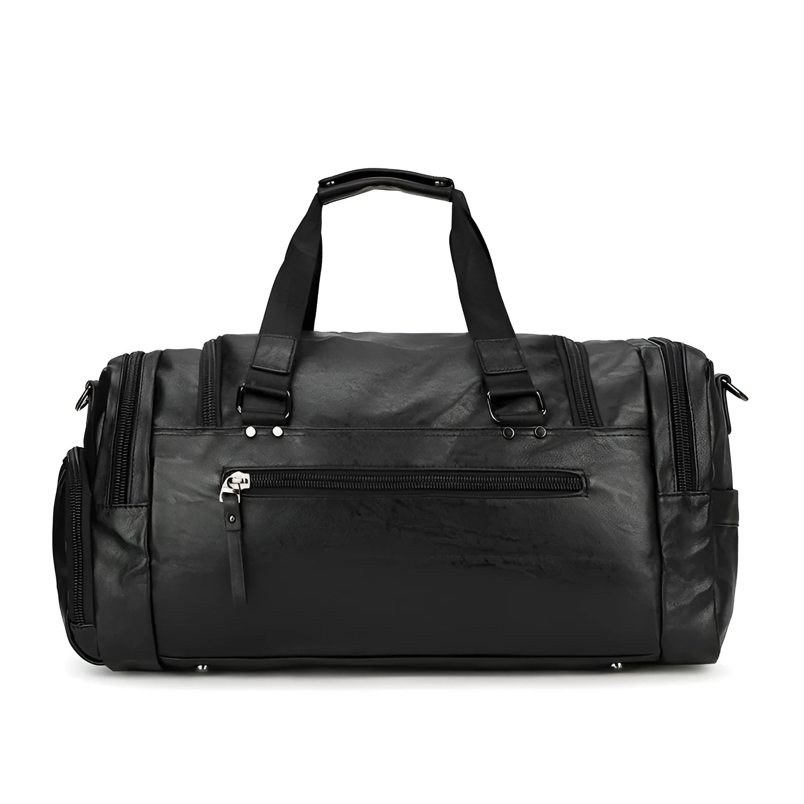 Large black travel bag with separate shoe compartment showing dimensions 52cm by 19cm by 27cm