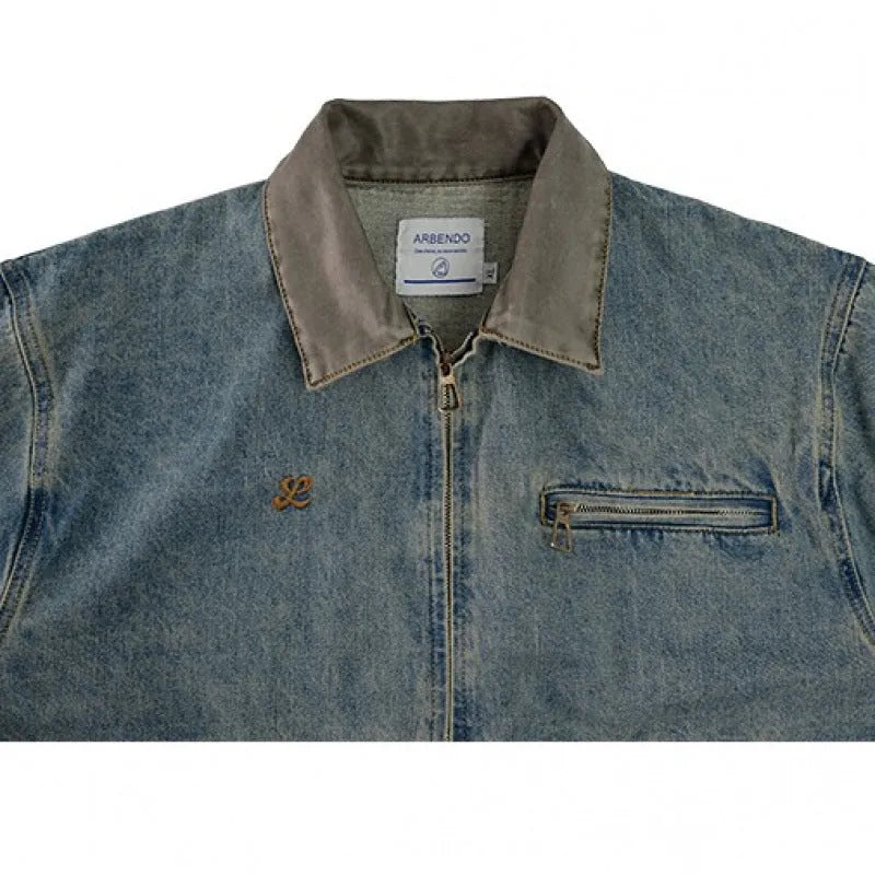 American retro Detroit men's blue cotton blend jacket, no pockets, regular fit, front view