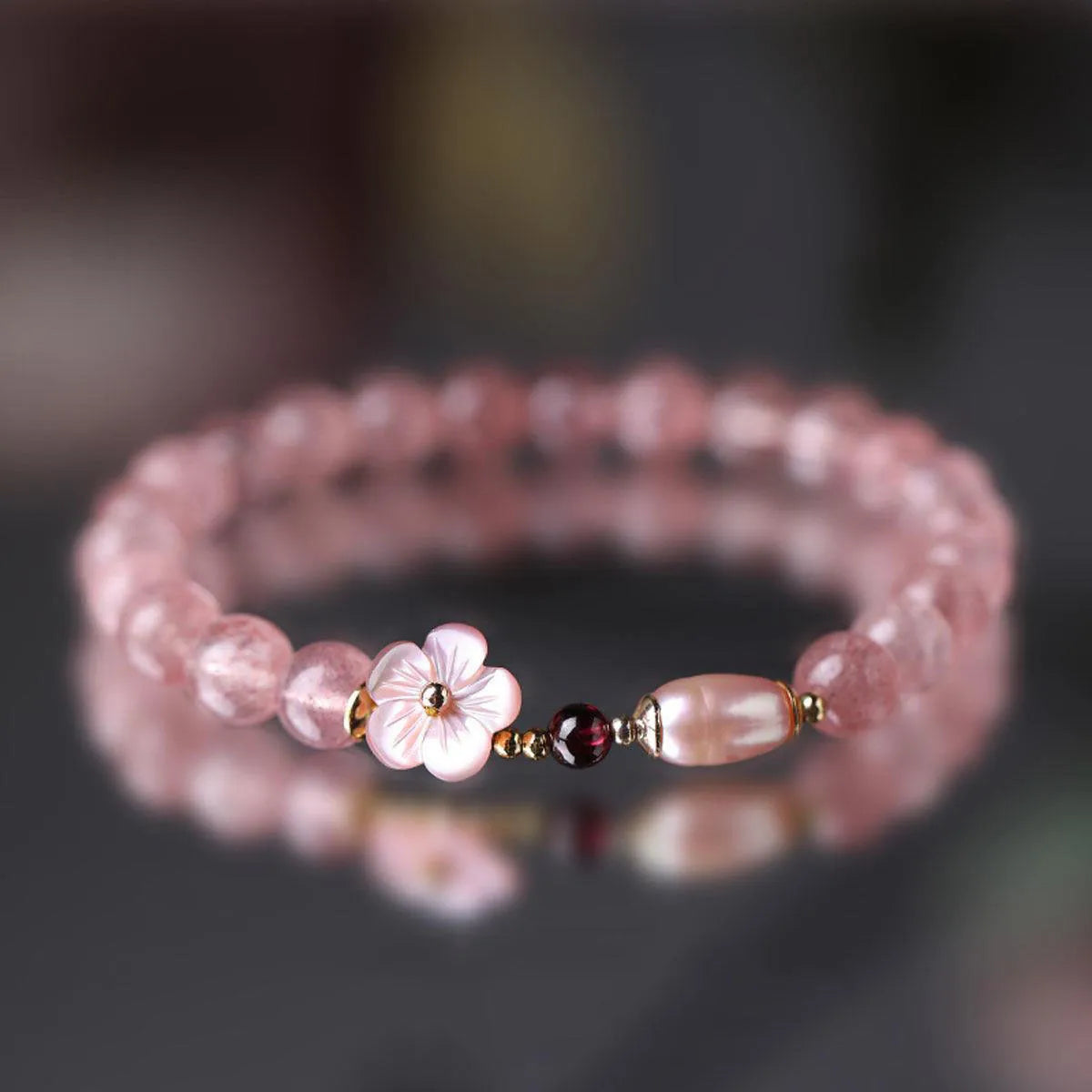 Strawberry quartz crystal bracelet with peach blossom flower design for women's casual wear