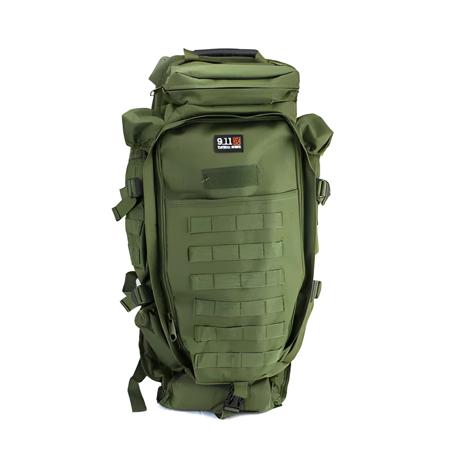 60L nylon mountaineering camping backpack in green, with multiple compartments