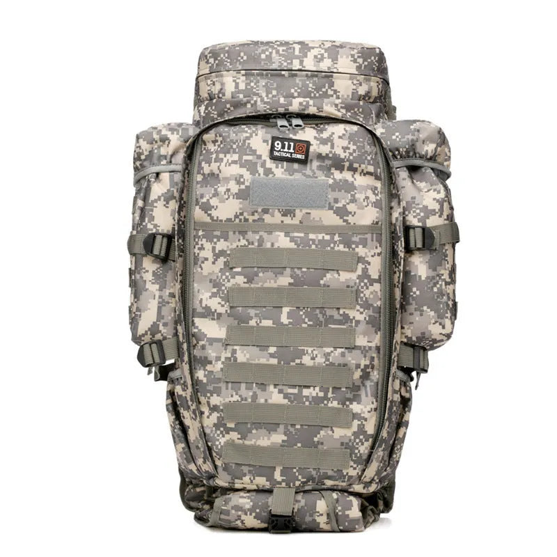 60L nylon mountaineering camping backpack in green, with multiple compartments