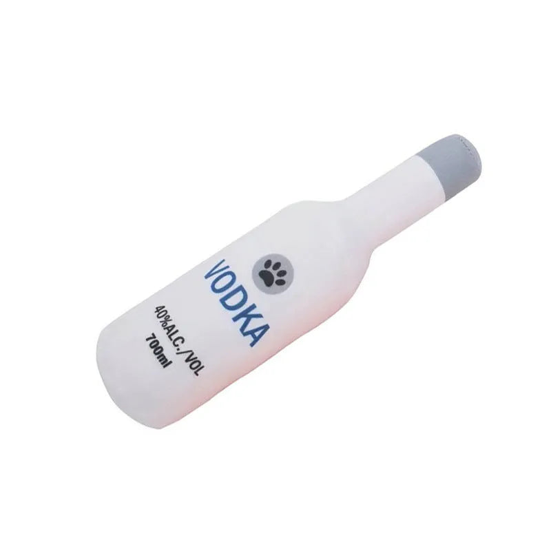 Green plush pet toy shaped like a wine bottle for dogs or cats to play with.