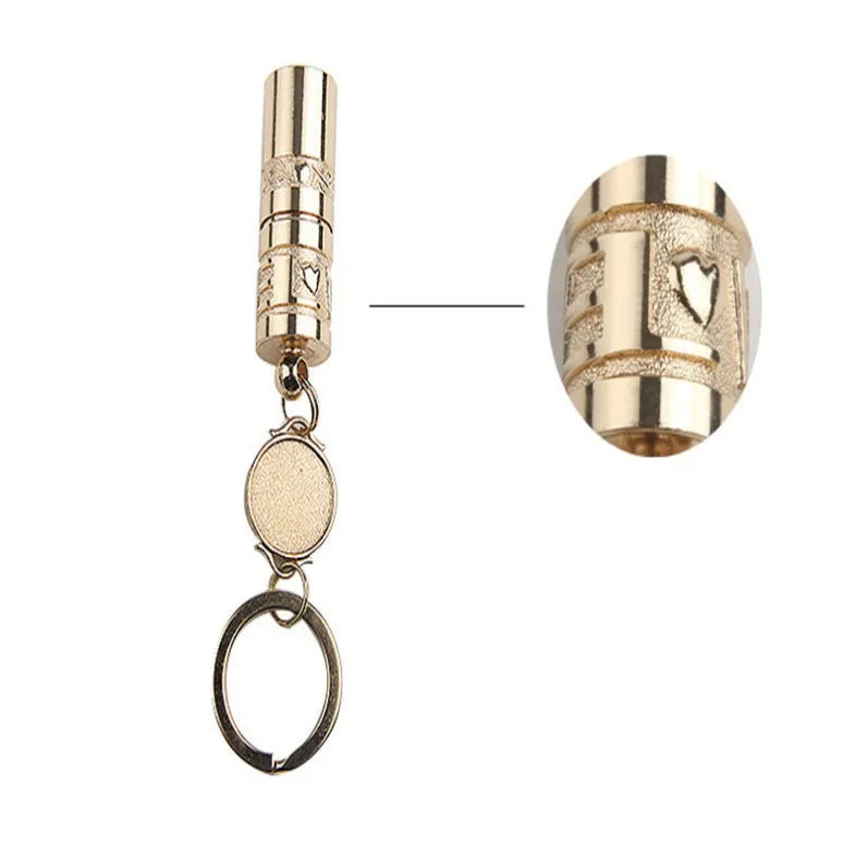 Gold zinc alloy waterproof mini LED flashlight on a keychain ring.