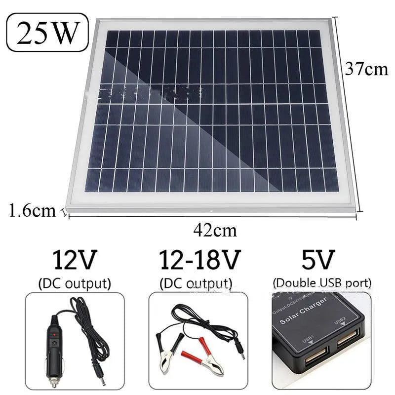 Portable solar panel with dual USB ports for outdoor device charging.