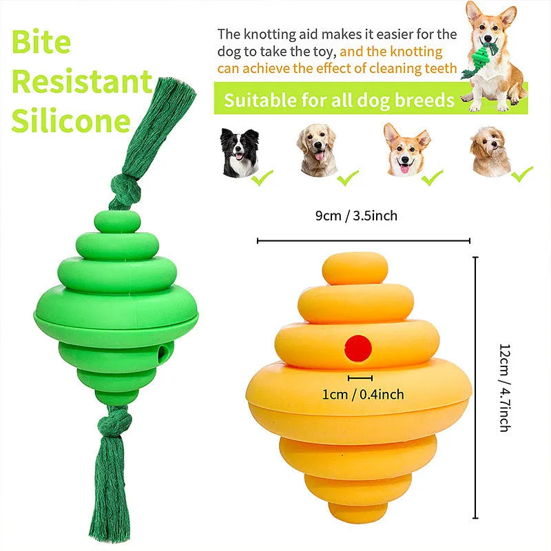 Green and yellow silicone dog ball with rope, showing split spiral design for treat dispensing