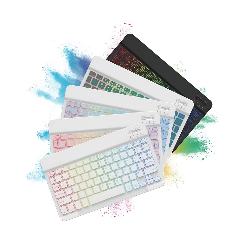 A 10-inch black Bluetooth keyboard with multi-colour LED backlit keys on a desk next to a tablet.