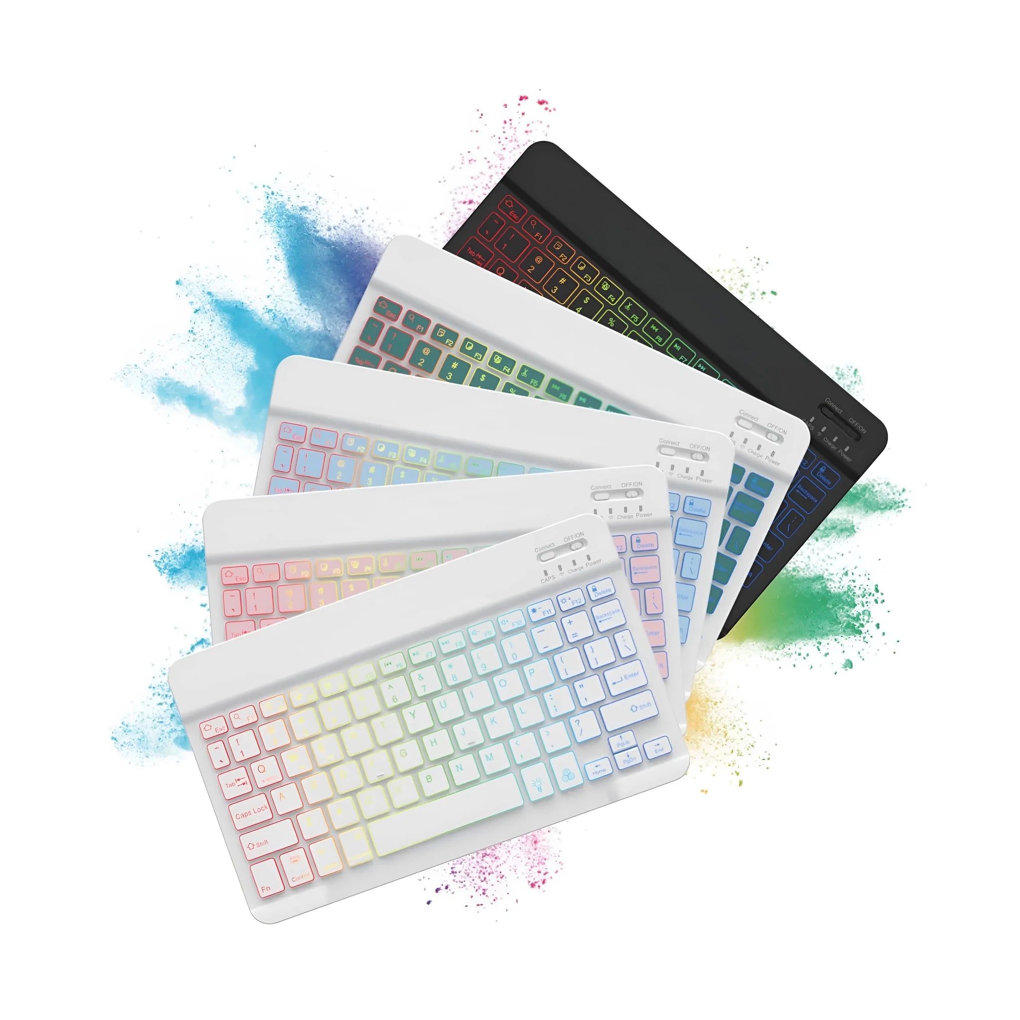 A 10-inch black Bluetooth keyboard with multi-colour LED backlit keys on a desk next to a tablet.