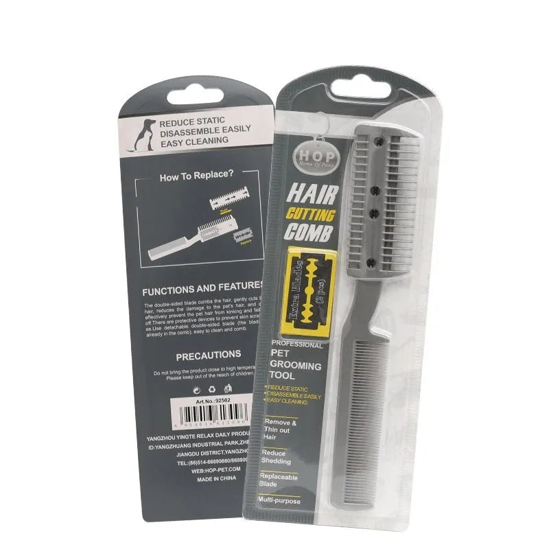 Plastic dog hair cleaning comb with spare blade in blister packaging