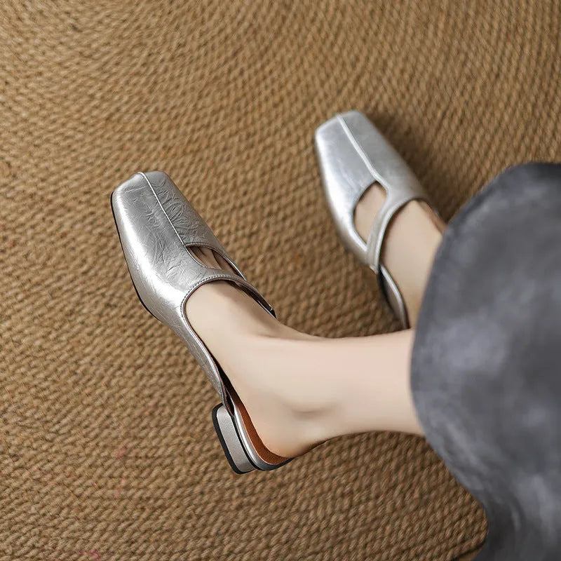 British style square head low heel slippers in artificial PU with imitation leather lining