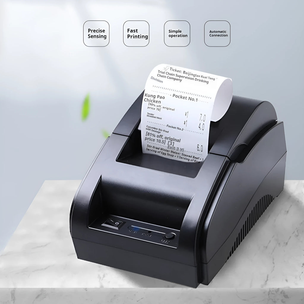 58mm black Bluetooth thermal receipt printer for desktop use in supermarket or takeout
