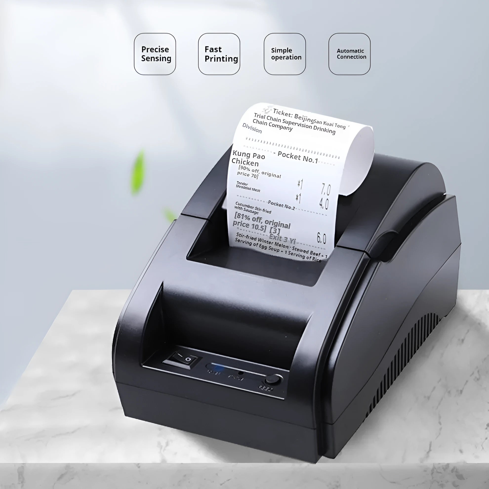 58mm black Bluetooth thermal receipt printer for desktop use in supermarket or takeout