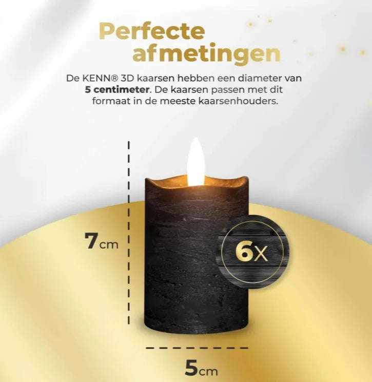 Black S6 LED pillar candle with glowing flickering flame effect on a table.