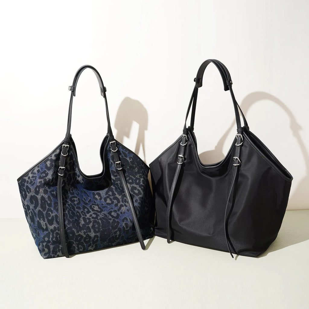 Denim women's patchwork casual crossbody bag in shell shape, black and camouflage colours