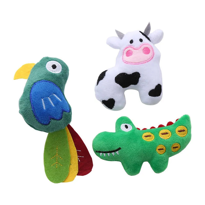 Soft plush cat toy shaped like a cow, a parrot, and a crocodile, each containing catnip for pet play.