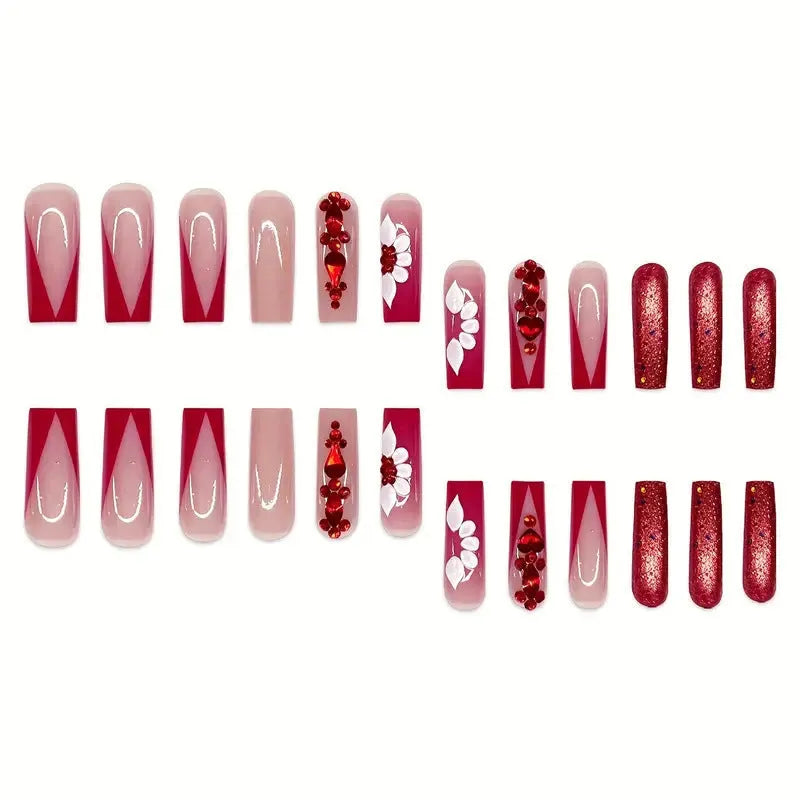 Sweet Flowers pattern false nails in red diamond colour, long European Square shape with glue and file