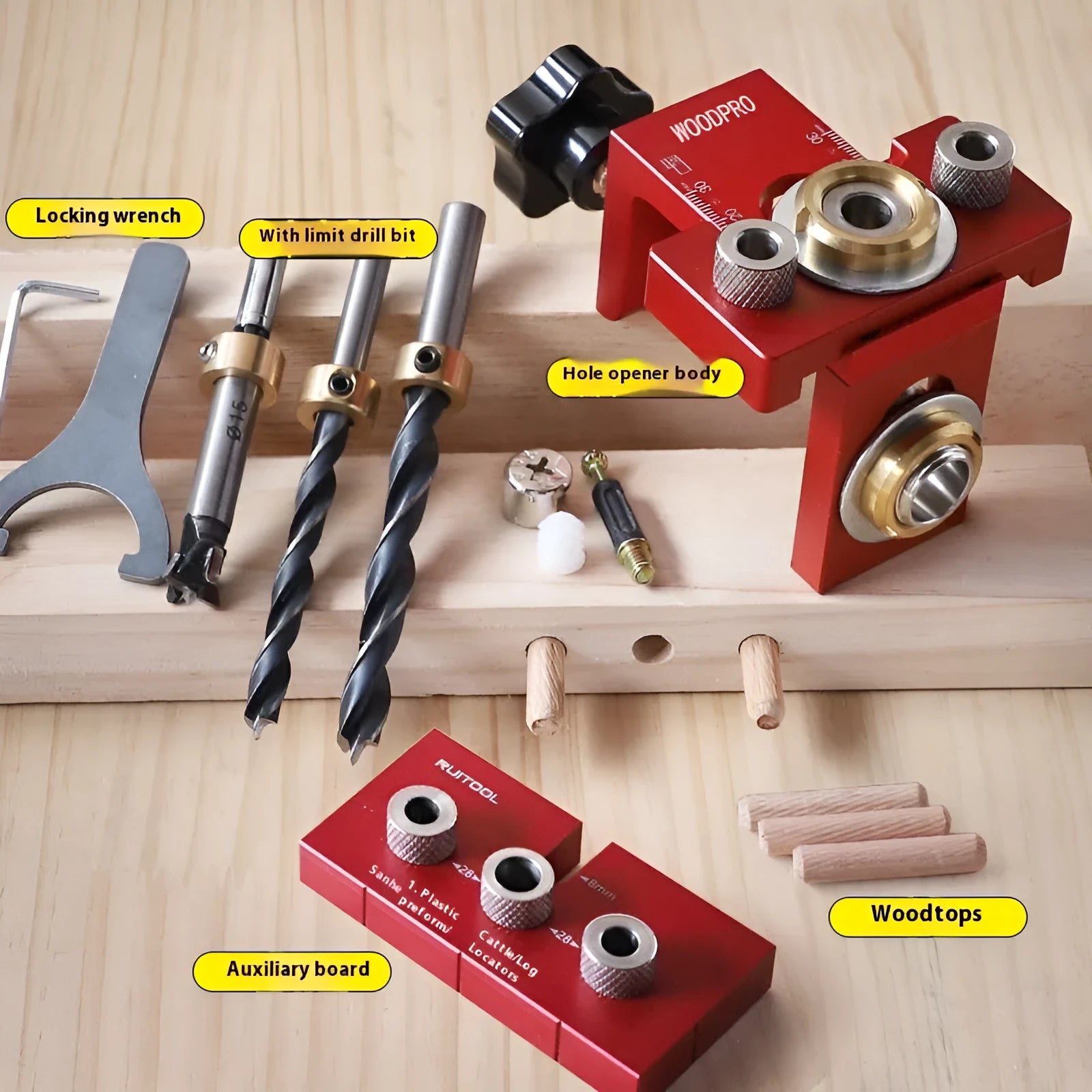 Woodworking punch locator tool with aluminium body, three drill bits, wrenches, and wood tips for furniture splicing