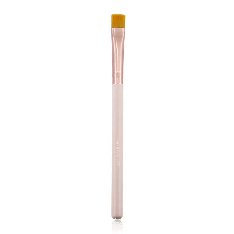 26 pink wooden-handle makeup brushes arranged in a grey PU zip case.