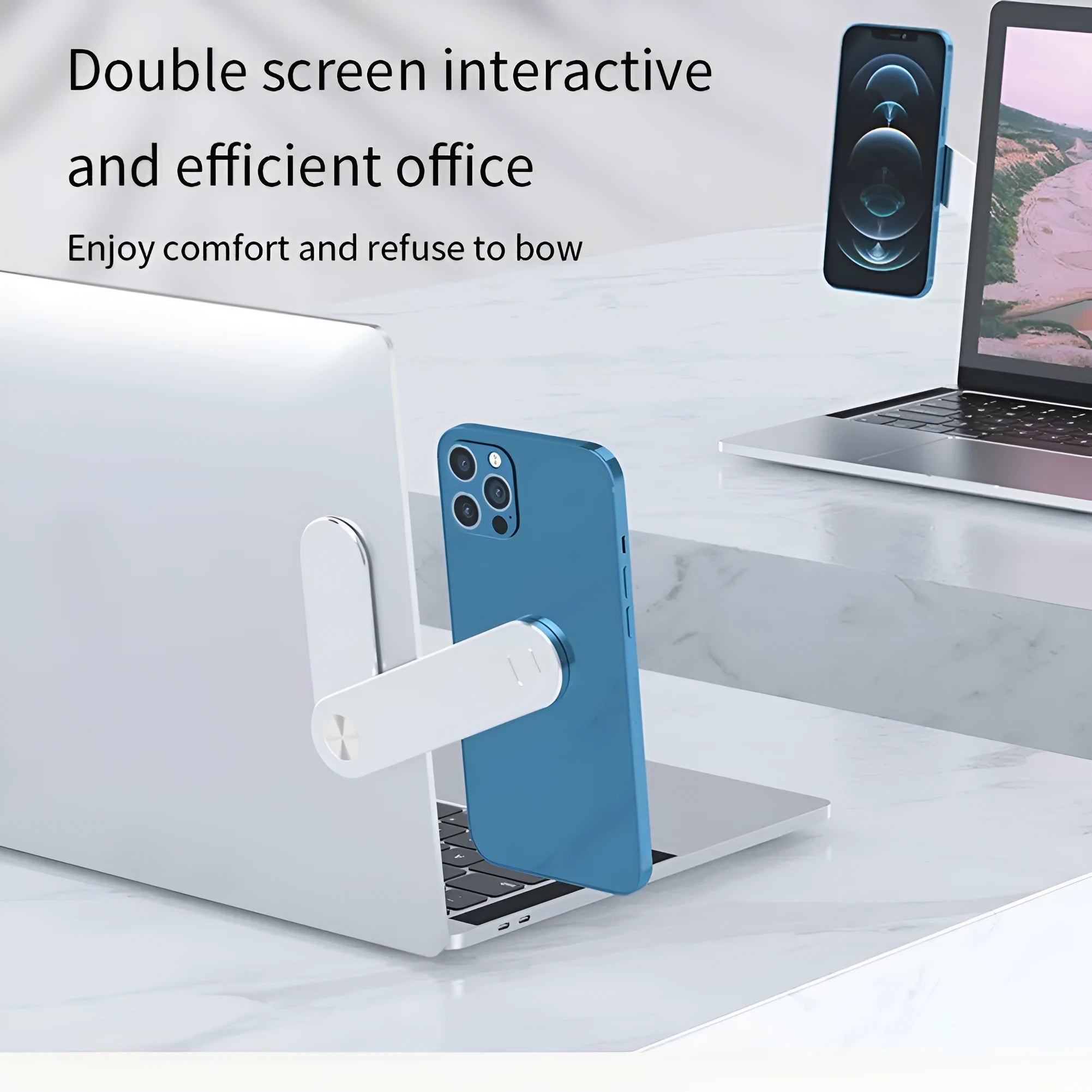 Black aluminium laptop phone holder with magnetic mount attached to computer monitor side