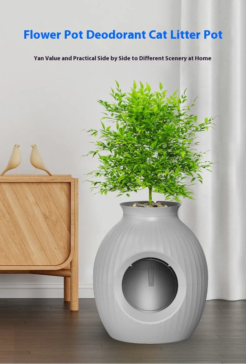 Oversized flower pot style fully enclosed deodorant litter box in gray ABS plastic