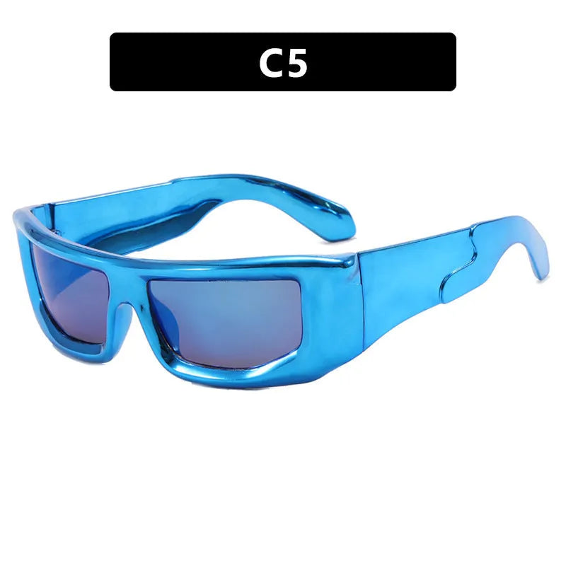 Futuristic sunshade sun glasses with AC lens and PC frame in silver frame with white mercury lenses box style