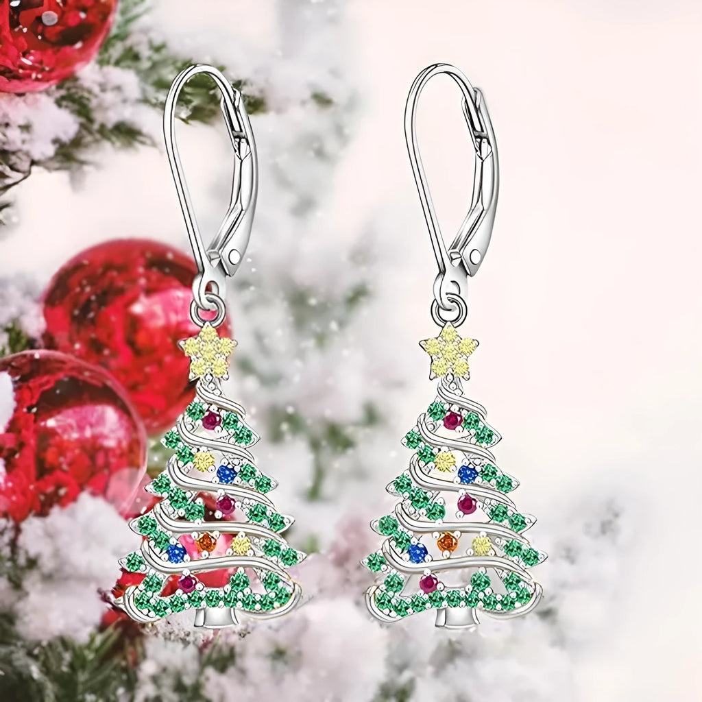 Women's copper Christmas tree earrings with star-shaped pendant and white gold colour finish