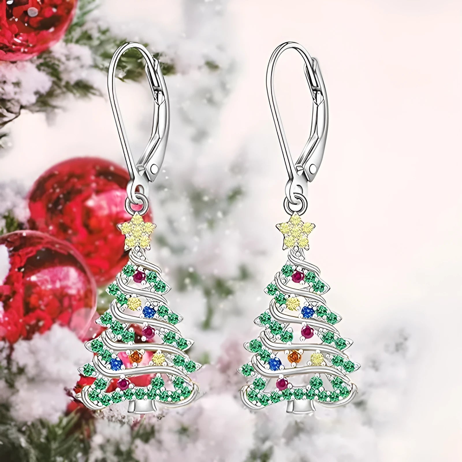 Women's copper Christmas tree earrings with star-shaped pendant and white gold colour finish