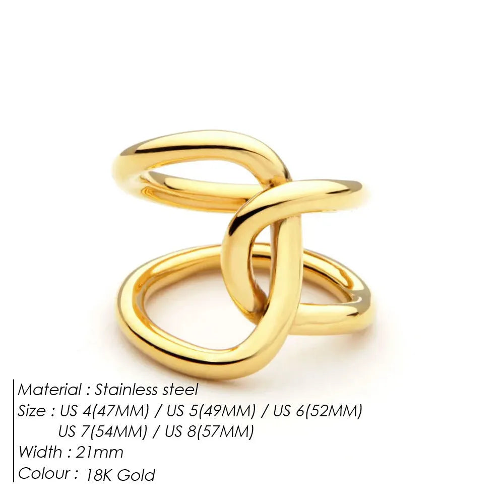 Adjustable geometric ring with knotted design in stainless steel showing U-shaped form and opening mechanism