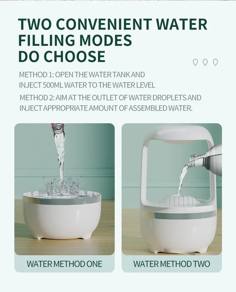 White anti-gravity humidifier showing floating water droplets on a desk next to a USB cable.