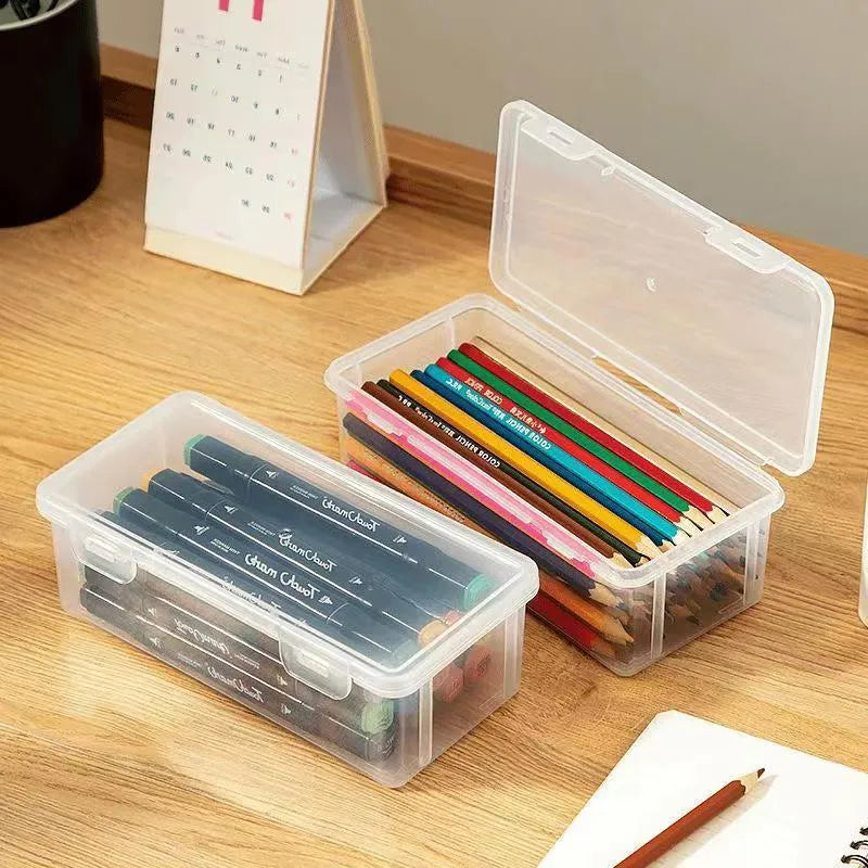 Transparent plastic stationery storage box for pencils and art supplies