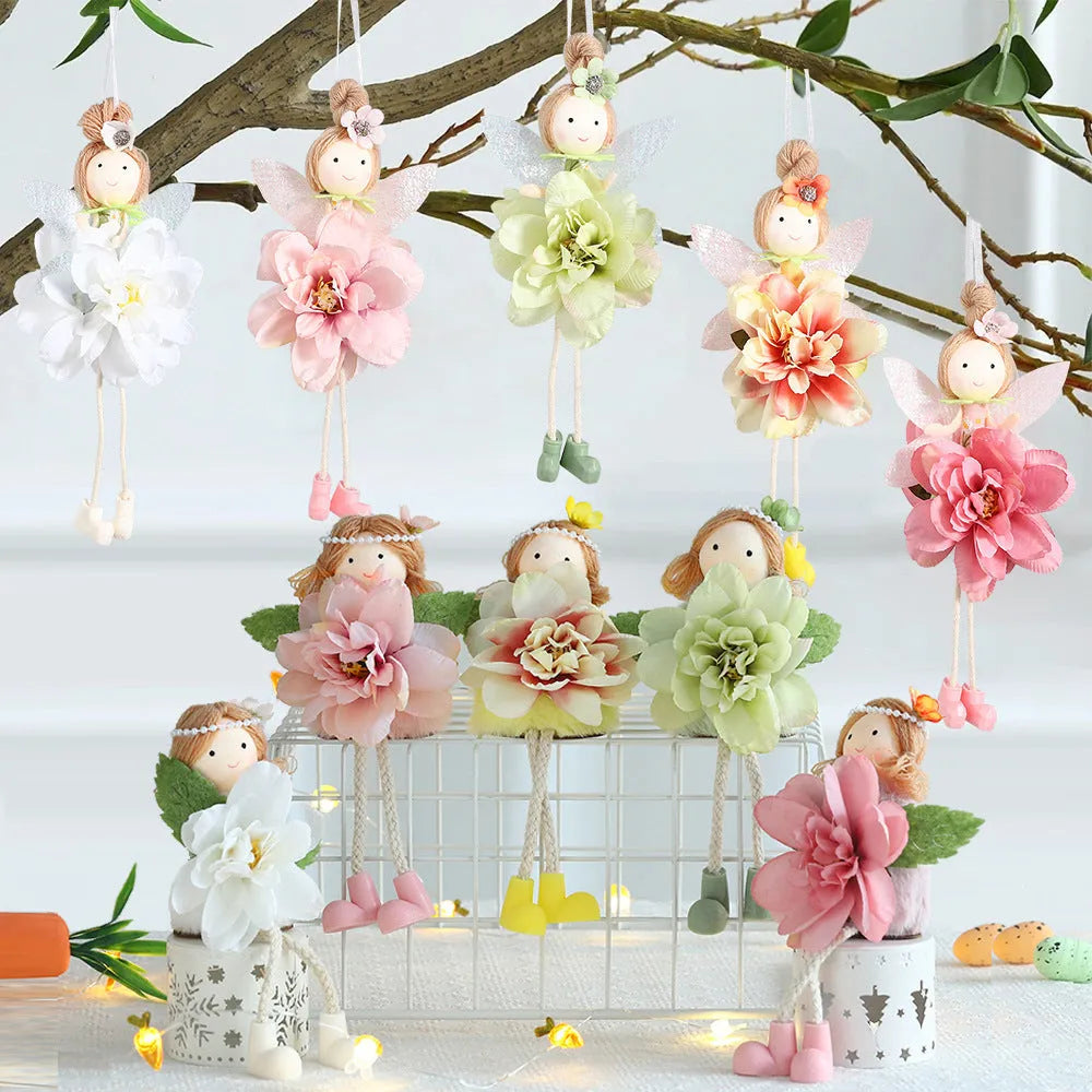 Cloth pendant ornament featuring a floral angel girl design in dark pink, pink, green, or yellow.