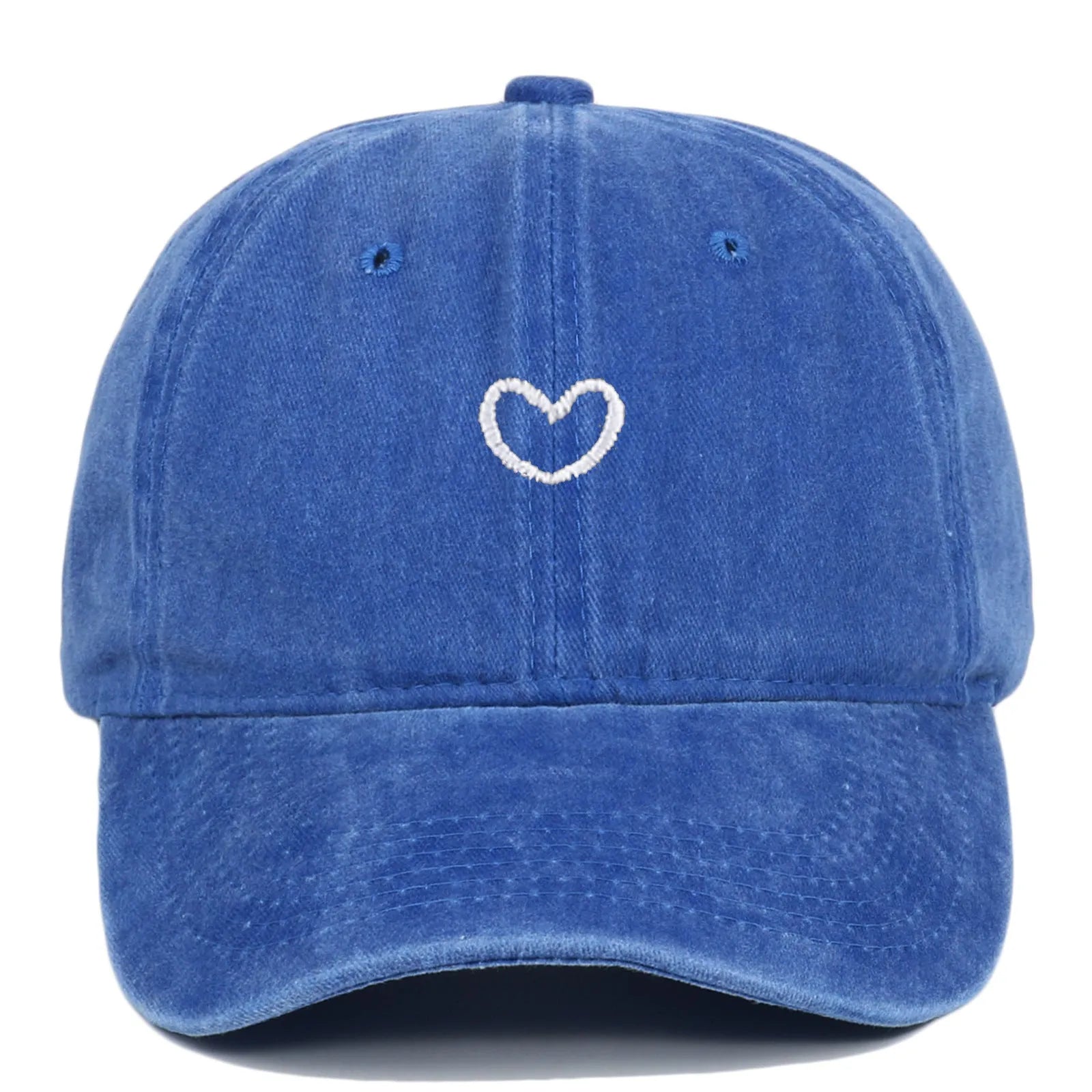 Cotton baseball cap with embroidered red love heart on front, shown in grey.