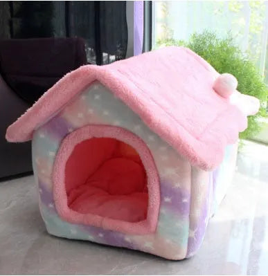 Foldable dog house pet cat bed in cave style with self-warming plush fur and non-slip bottom, available in multiple colours and sizes