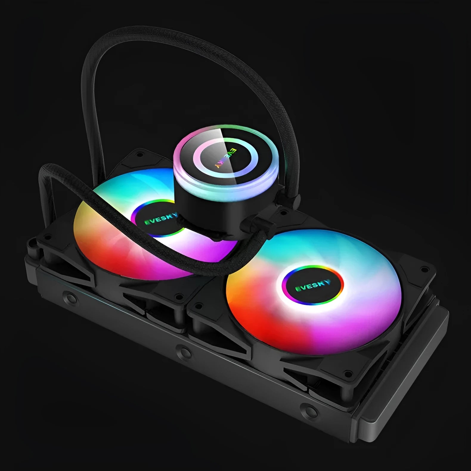 Aluminium CPU radiator with RGB fan options in 120mm, 240mm, and 360mm sizes