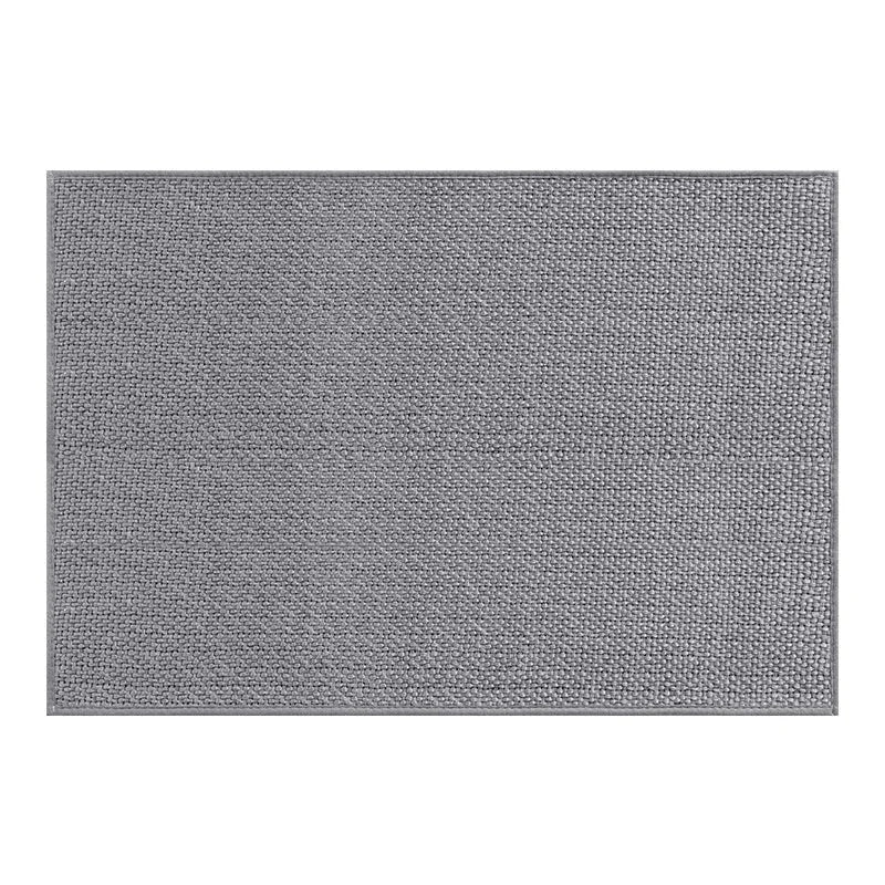 Linen door mat 60x90cm in solid colour with interlacing gray pattern on tiled floor