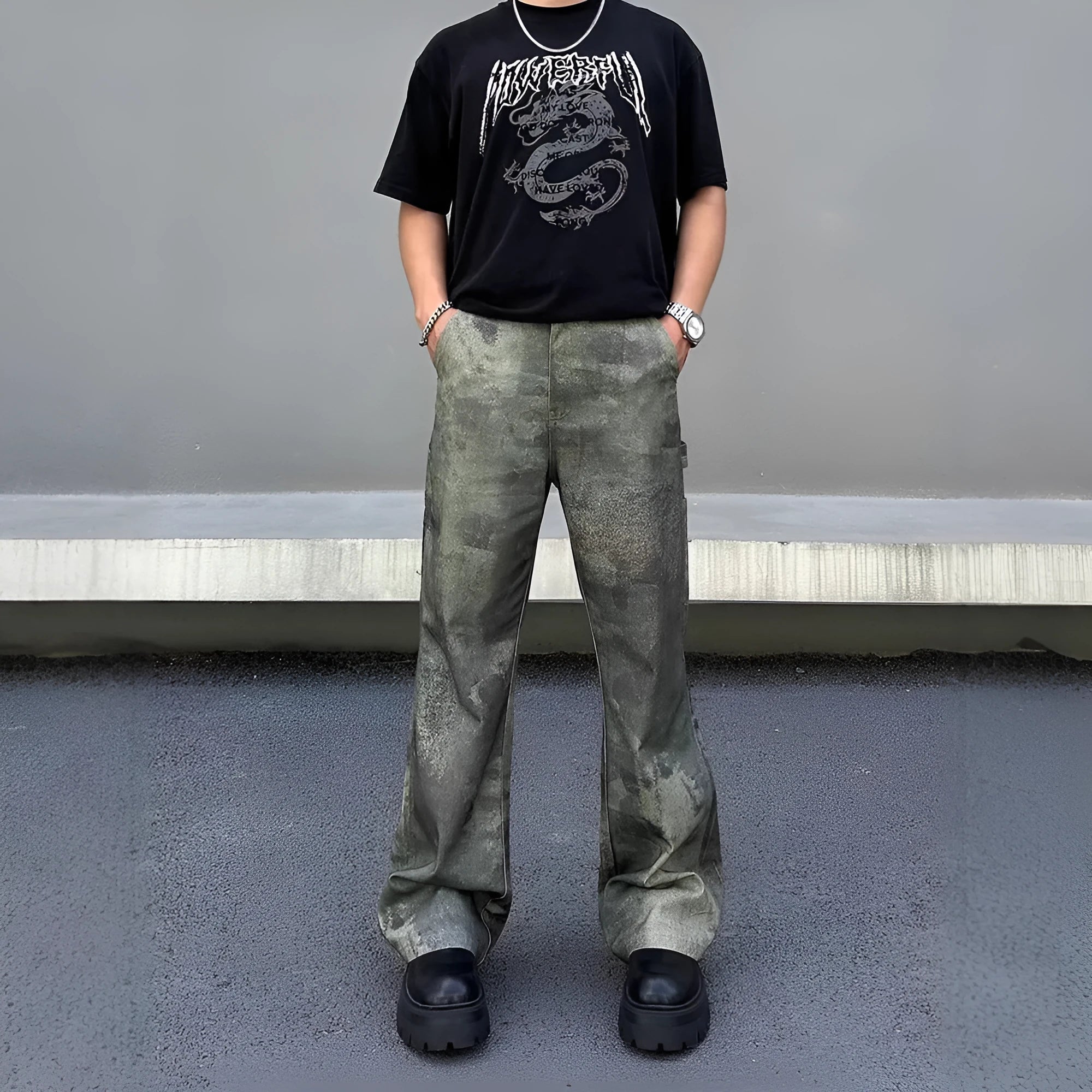 Men's straight leg jeans with a retro digital camouflage print on blue denim.