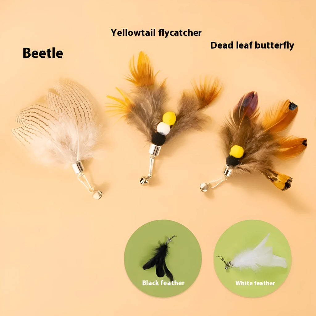 Three steel wire cat toy replacement heads with small flying insect designs in different colours.