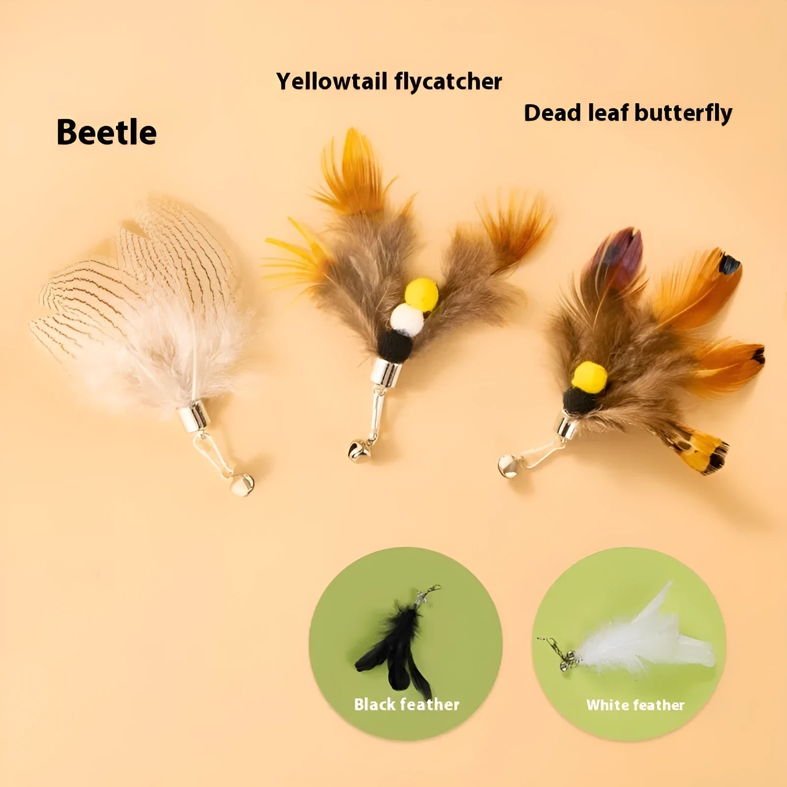 Three steel wire cat toy replacement heads with small flying insect designs in different colours.