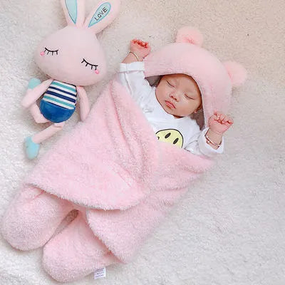 Baby newborn thickened out wrap swaddle sleeping bag in blue lamb wool, suitable for winter, size 0-3 months.