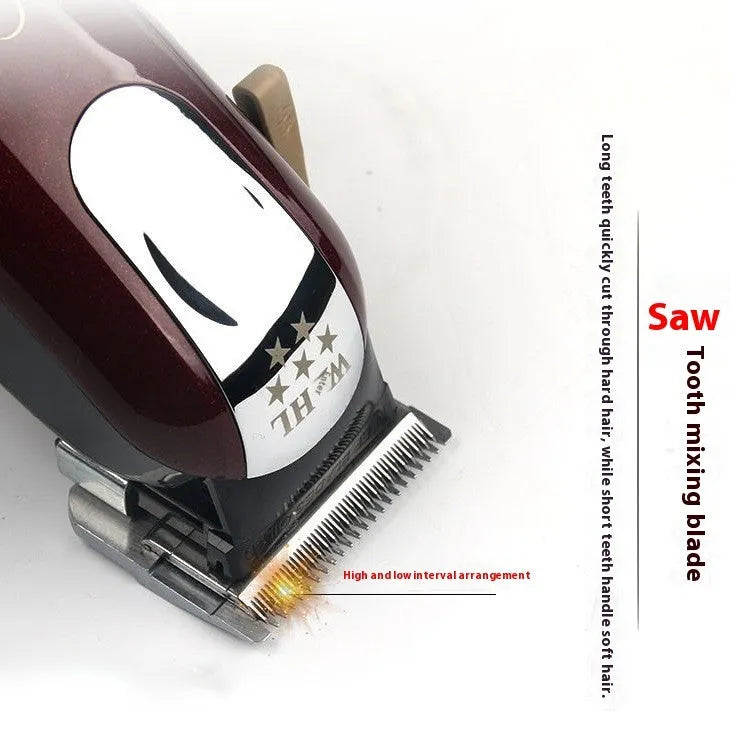 Hair clippers set with stainless steel cutter head showing EU UK US plug compatibility for adult and child use