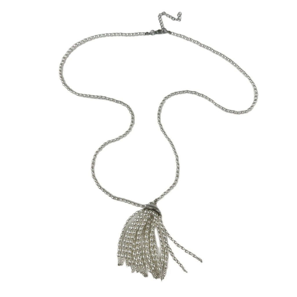 Women's pearl tassel necklace with long rice imitation pearl pendant and electroplated chain