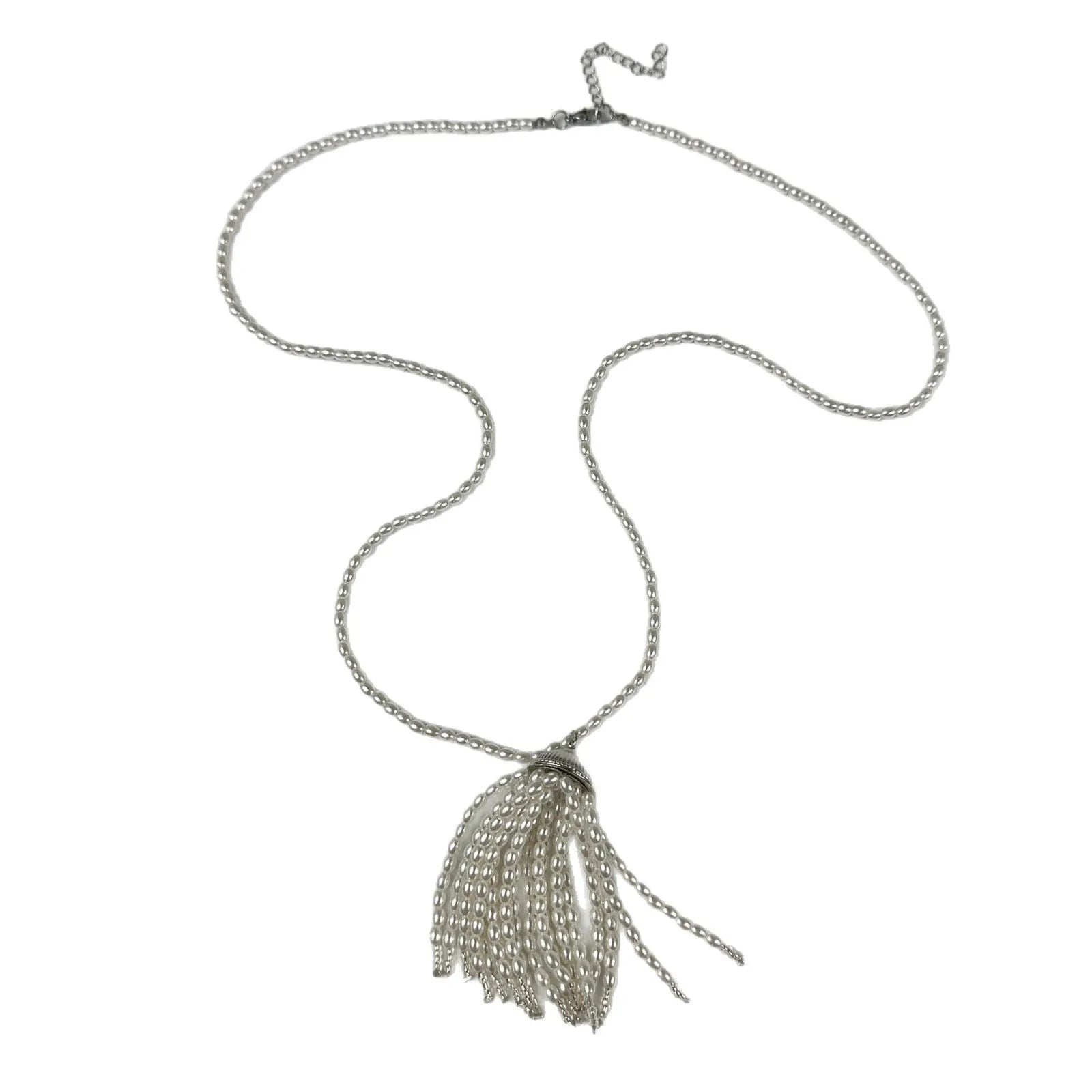 Women's pearl tassel necklace with long rice imitation pearl pendant and electroplated chain
