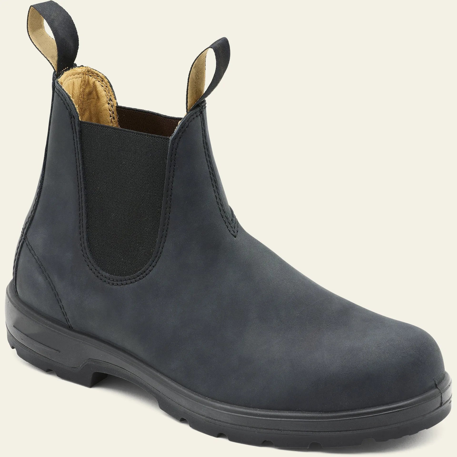 Vintage frosted brown PU leather Chelsea boots for men and women on a wooden surface.