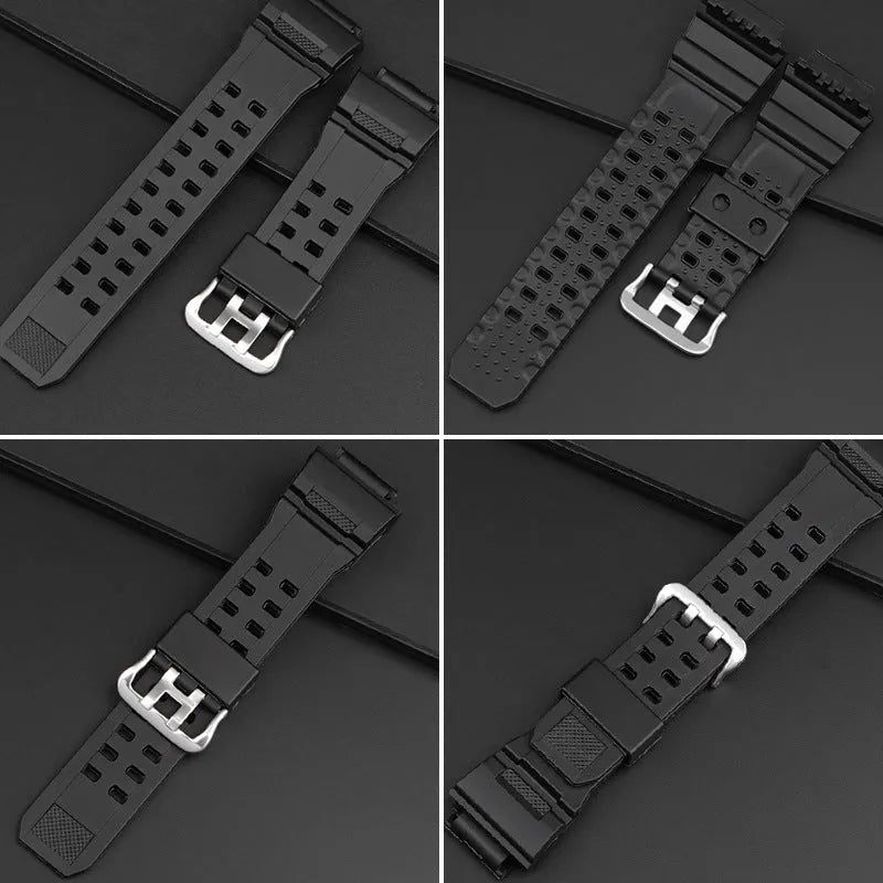 TPU resin watch strap in camouflage pattern with silver buckle, shown detached.